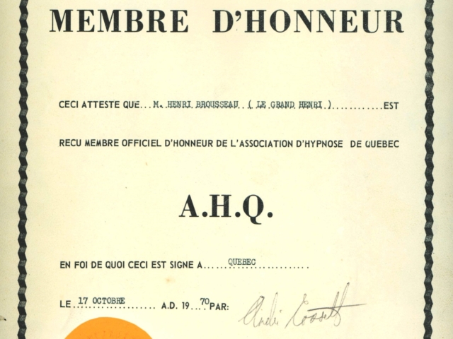 Certificate of honorary member of the Association d&#039;hypnose du Québec